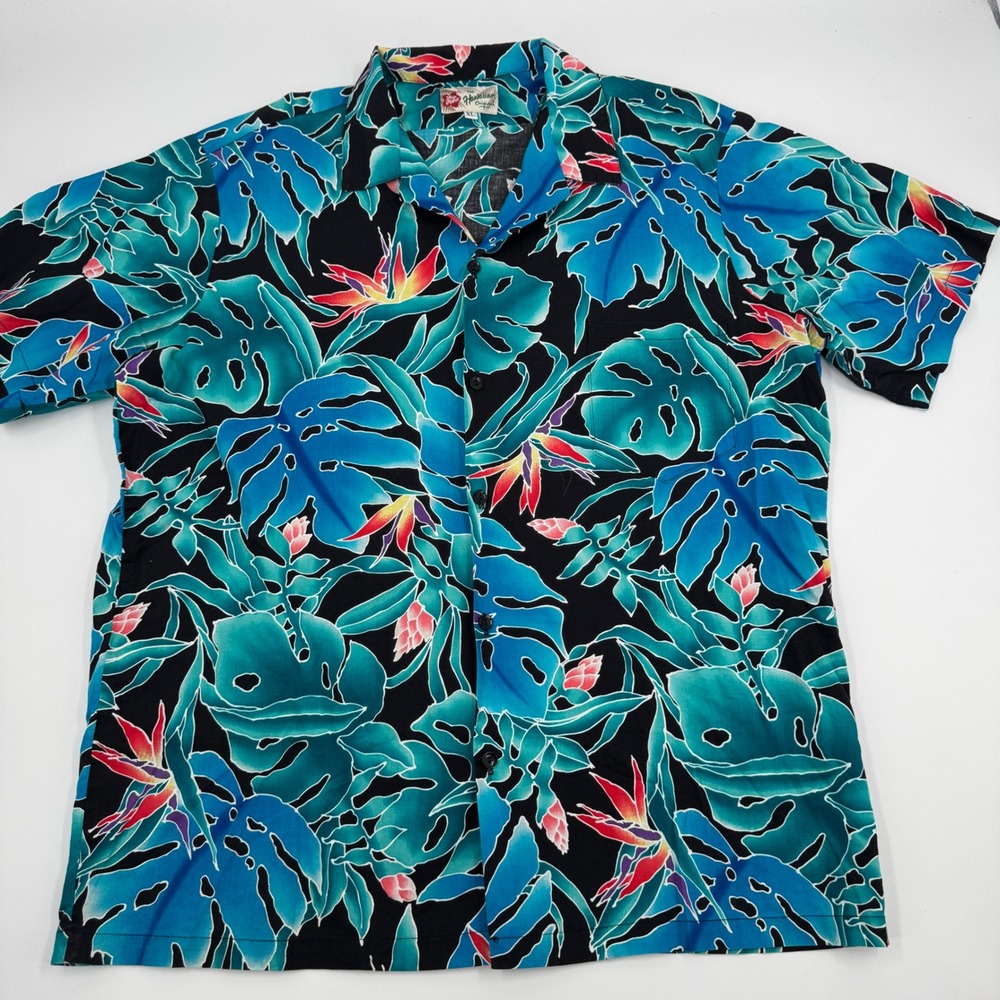 Hilo Hattie Hawaiian Shirt Mens XL Black Blue Monstera Bird of Paradise Tropical